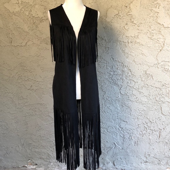 Jackets & Blazers - Black Faux Suede Fringe Open Front Festival Vest